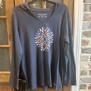 Life Is Good Shirt XL Crusher Lite LS Hooded Tee Pretty Flower Burst Navy Blue